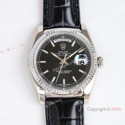 Swiss V3 Rolex Day Date 36 118139 Black Dial Black Leather Strap Replica watch